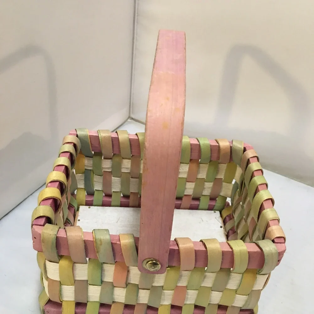 Woven Wood Basket Home Decor Small Multicolor Pastel Spring Swing Handle